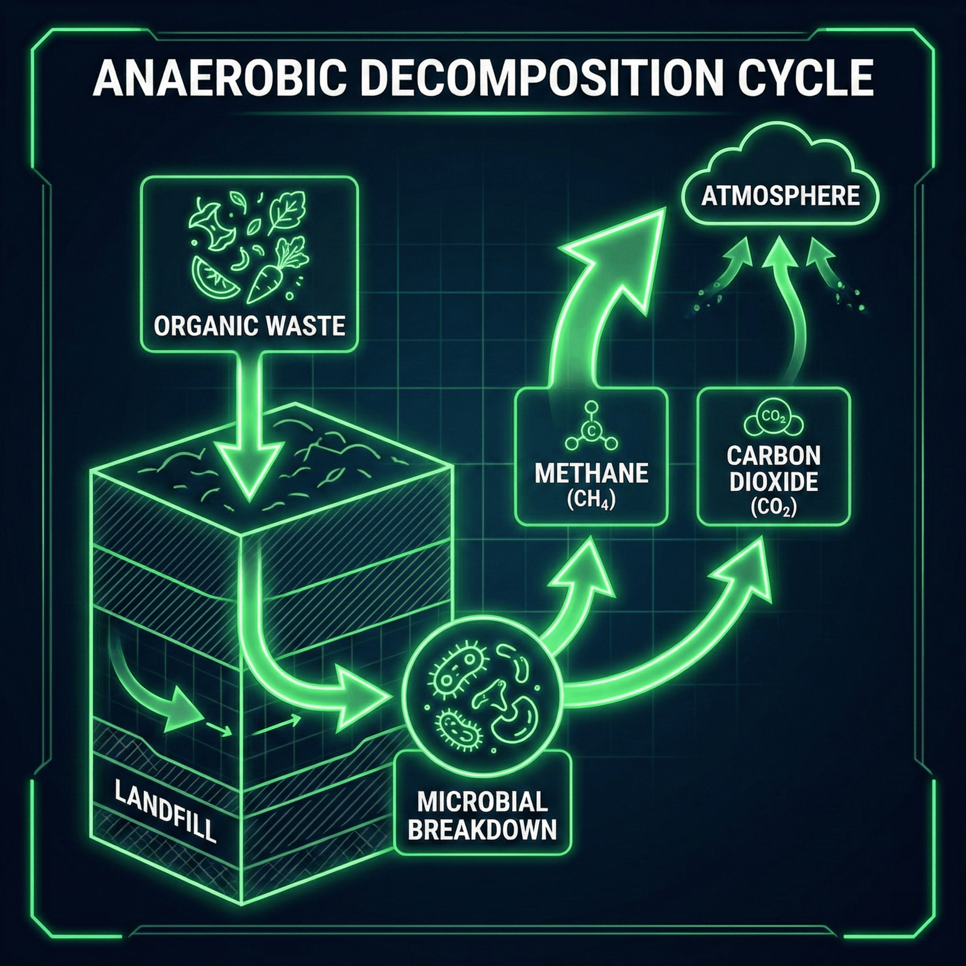 Diagram showing how organic waste in landfill produces methane through anaerobic decomposition, contributing to greenhouse gas emissions