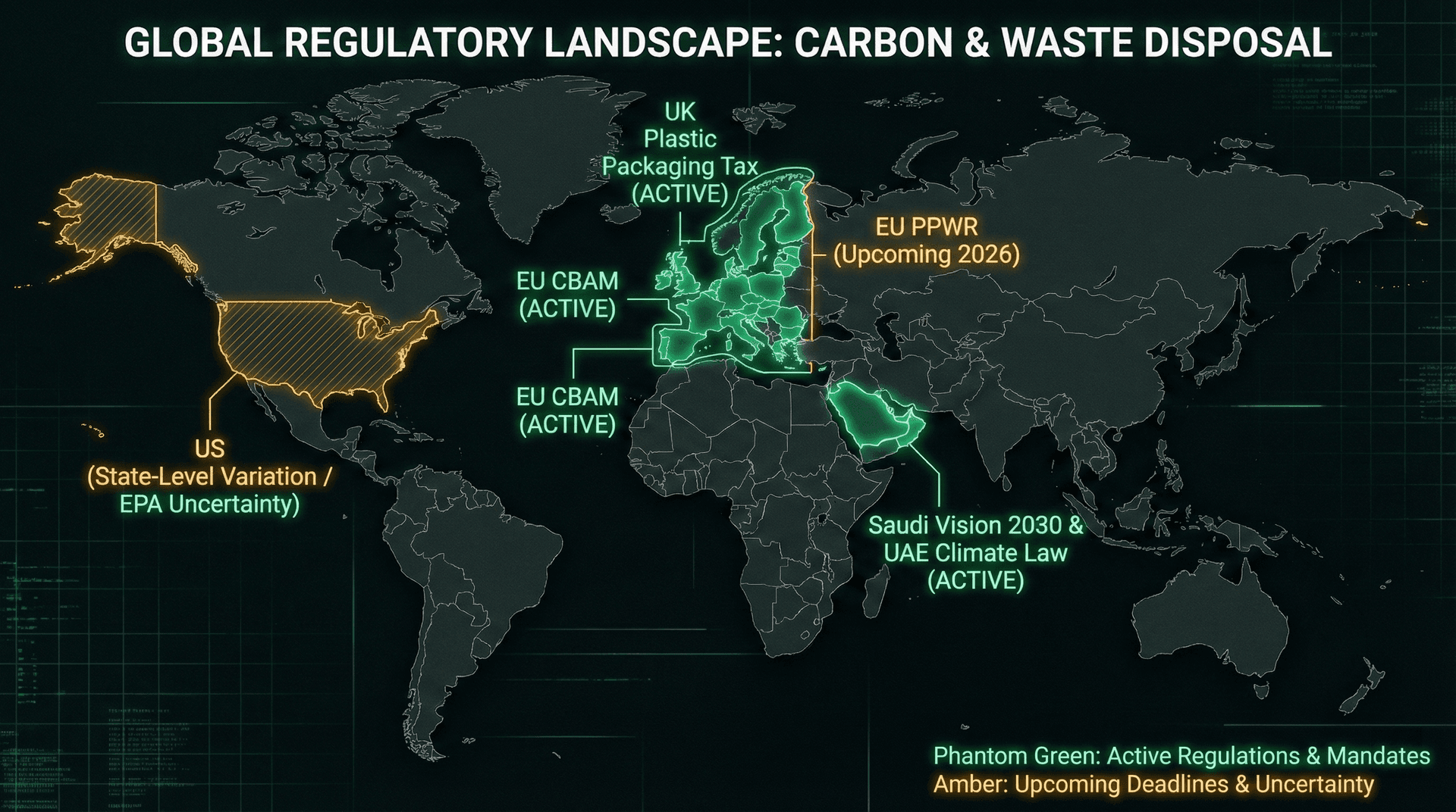 Global map of manufacturing waste carbon regulations — EU CBAM, UK Plastic Packaging Tax, US state programmes, and GCC mandatory reporting zones