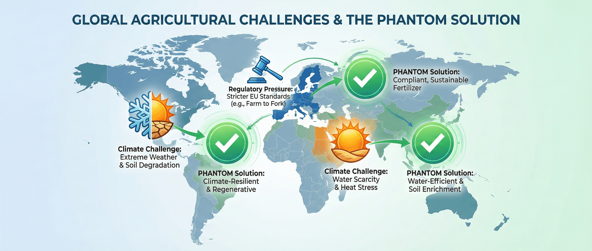 Global market map showing regulatory and climate drivers for adopting Phantom manure processing technology in the EU, North America, and Middle East