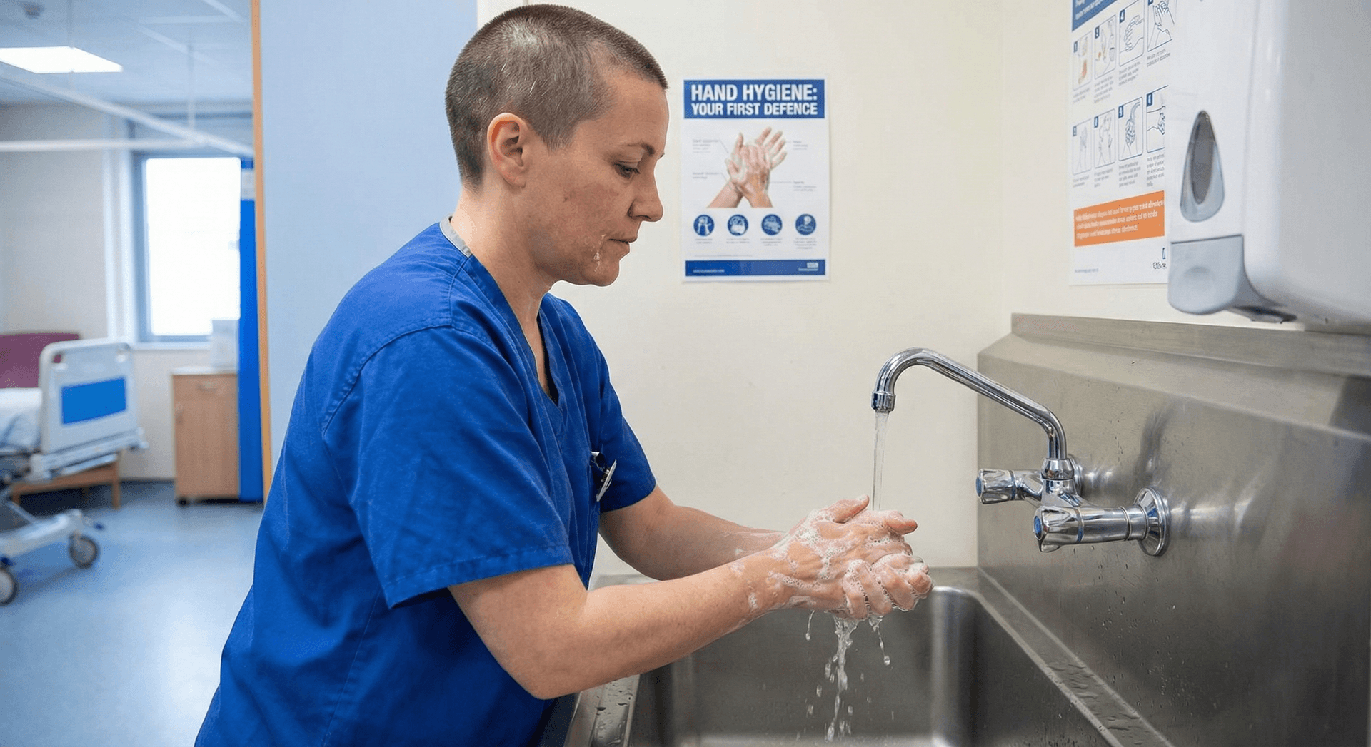 Healthcare professional demonstrating proper hand hygiene technique — WHO-recommended alternative to unnecessary glove use
