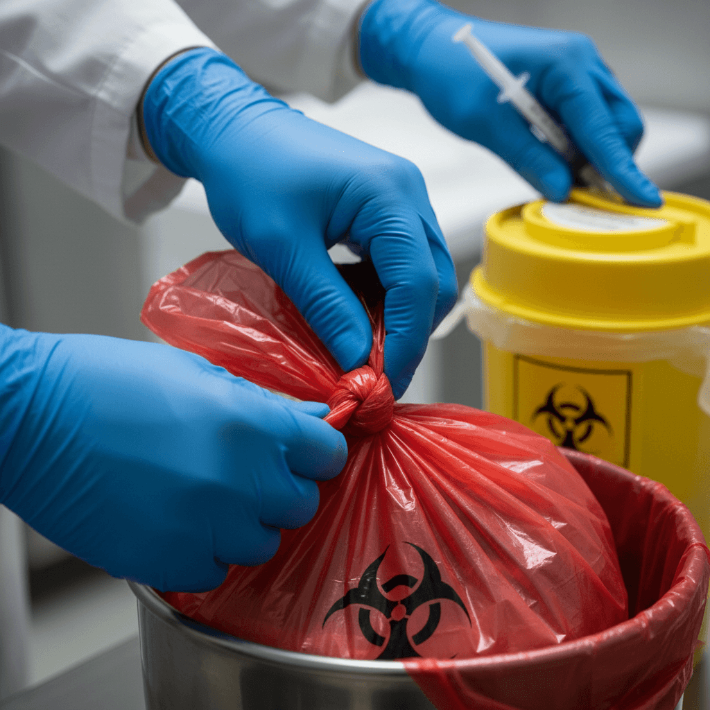 Healthcare worker sealing a red biohazard bag for infectious waste containment at source