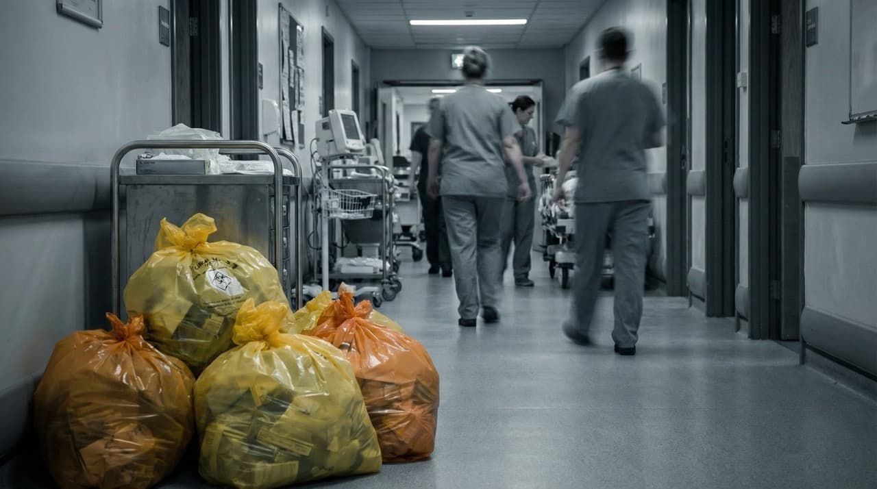 Hospital corridor with clinical waste bags — scale of single-use plastic waste in healthcare