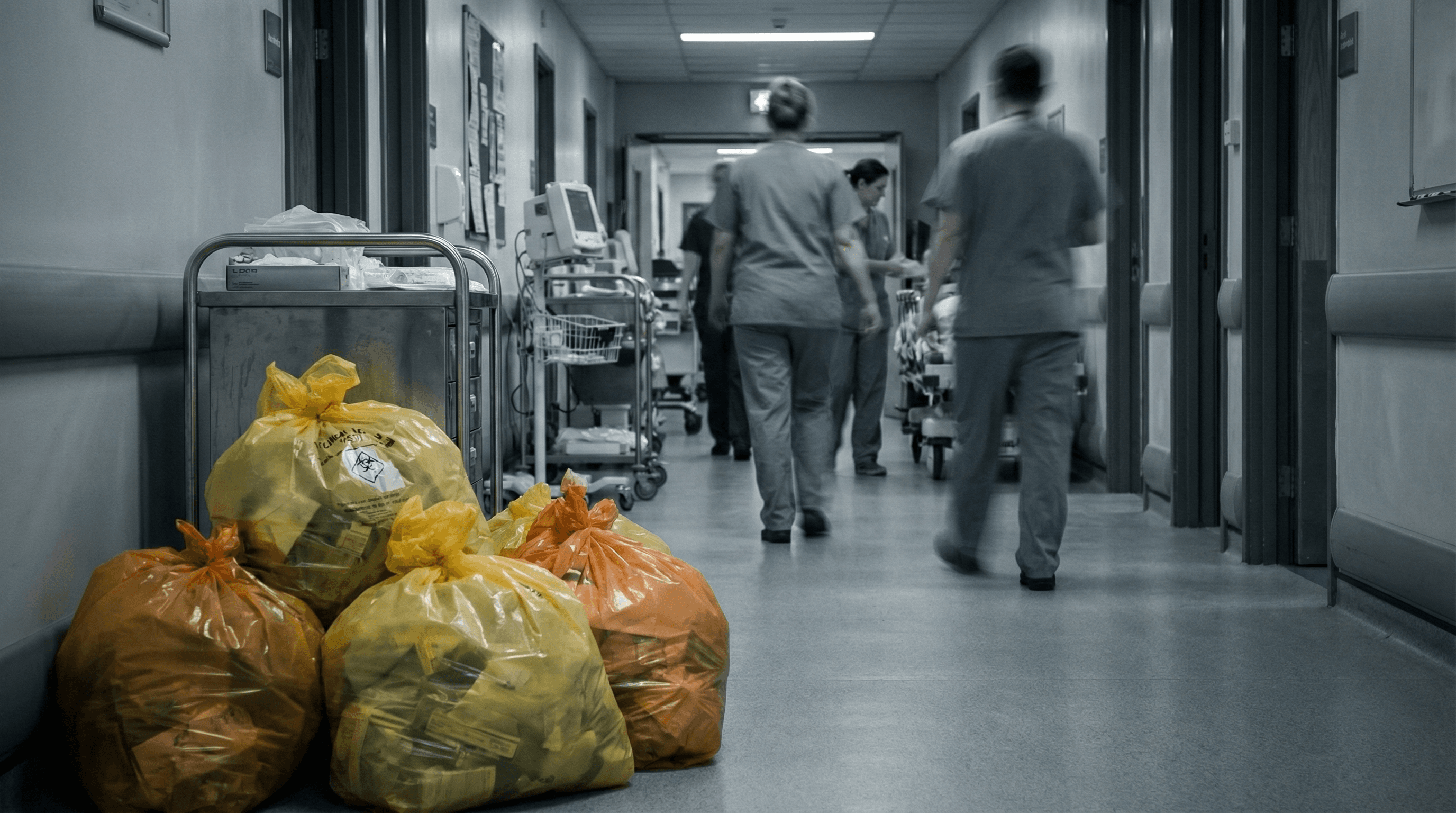 Hospital corridor with clinical waste bags — scale of single-use plastic waste in healthcare