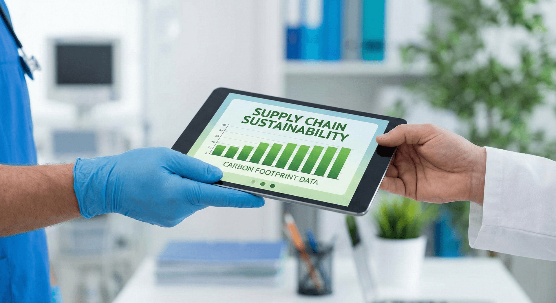 Hospital procurement officer reviewing sustainability metrics and supplier carbon reduction plans