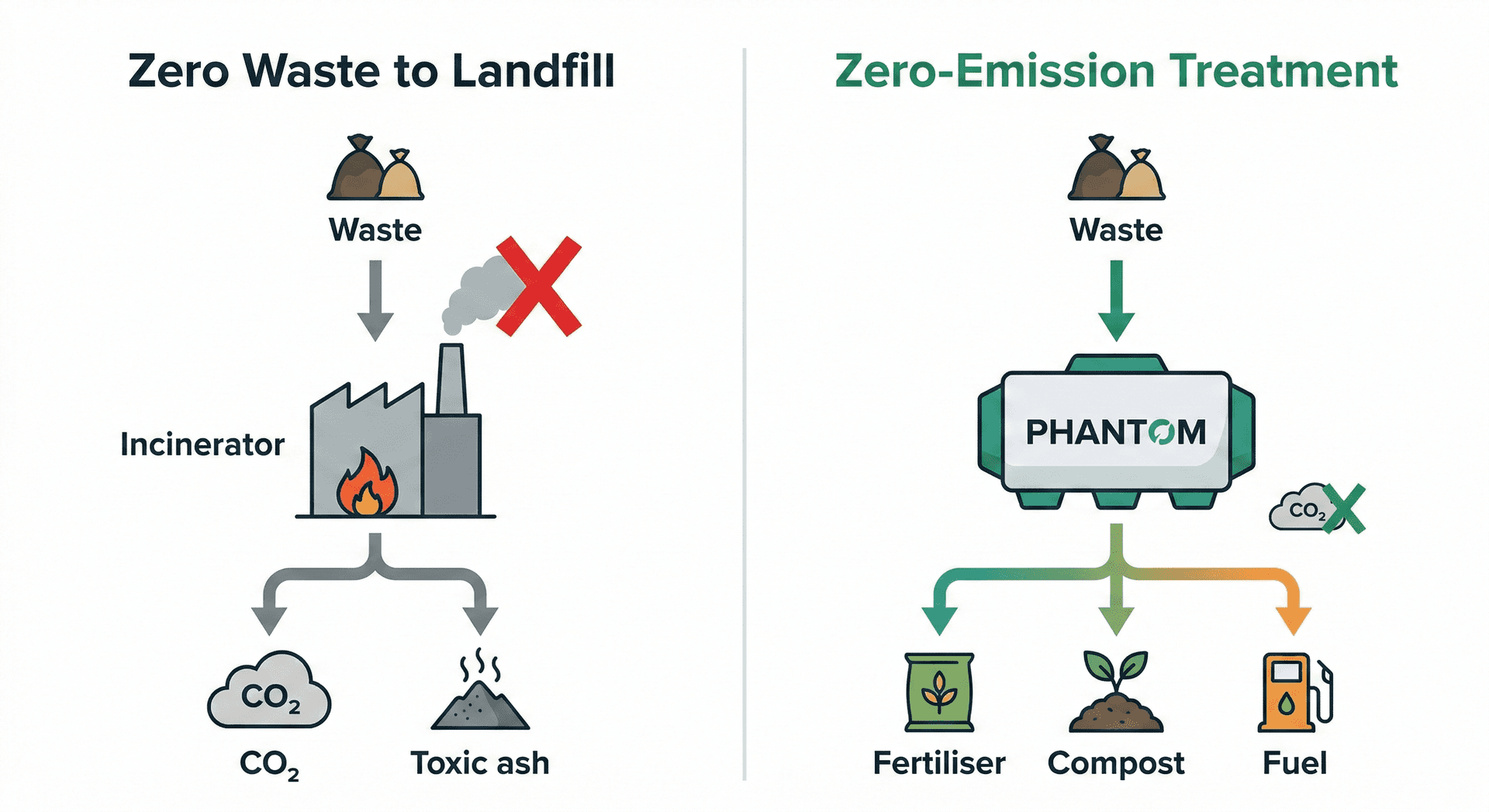 Infographic comparing Zero Waste to Landfill (waste diverted to incineration with CO₂ and toxic ash outputs) versus Zero-Emission Treatment (waste processed via subcritical water hydrolysis into fertiliser, compost, and fuel with near-zero emissions).