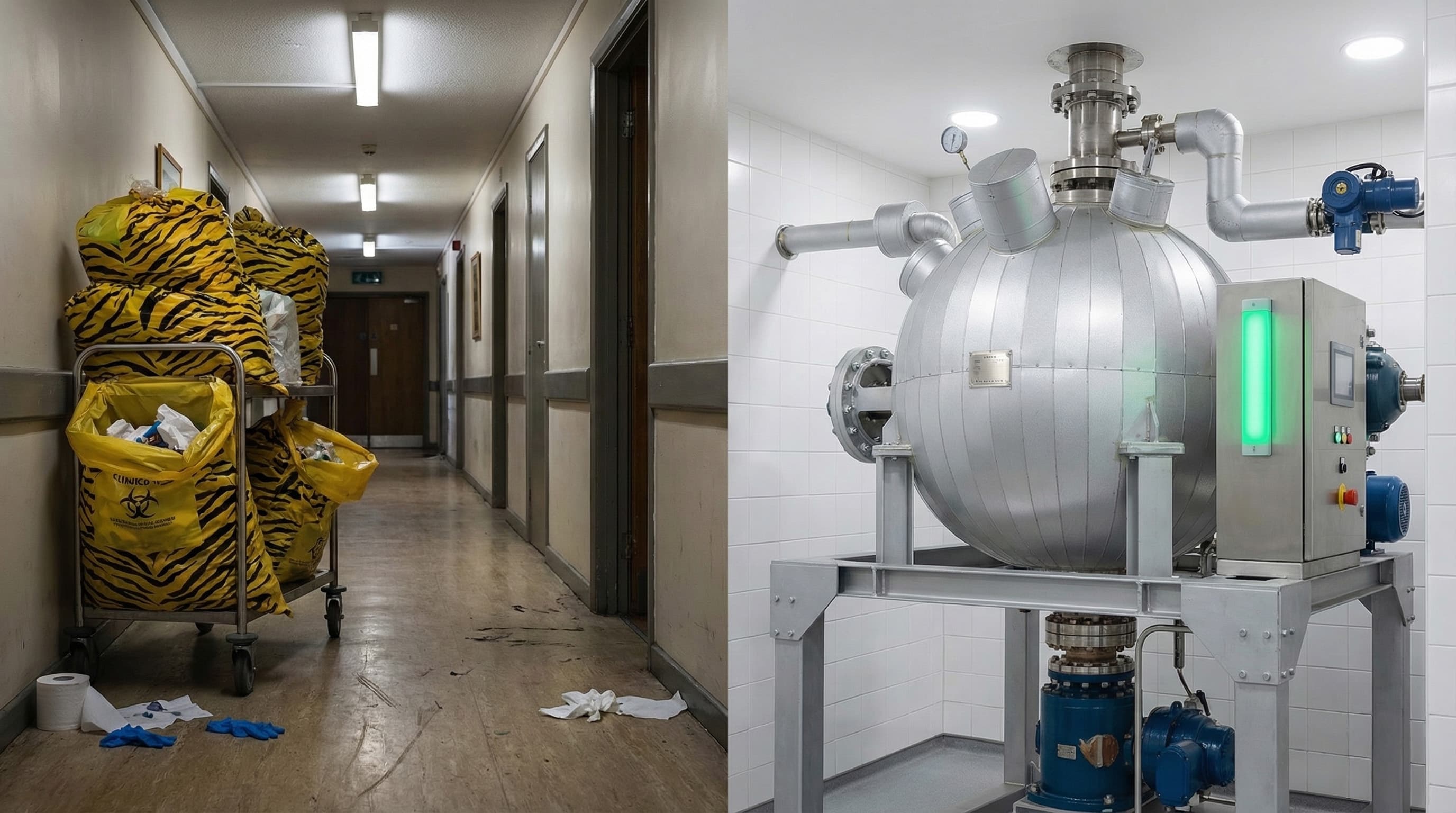 Nursing home incontinence waste bags on a trolley beside a Phantom subcritical water hydrolysis unit — from disposal cost to on-site processing