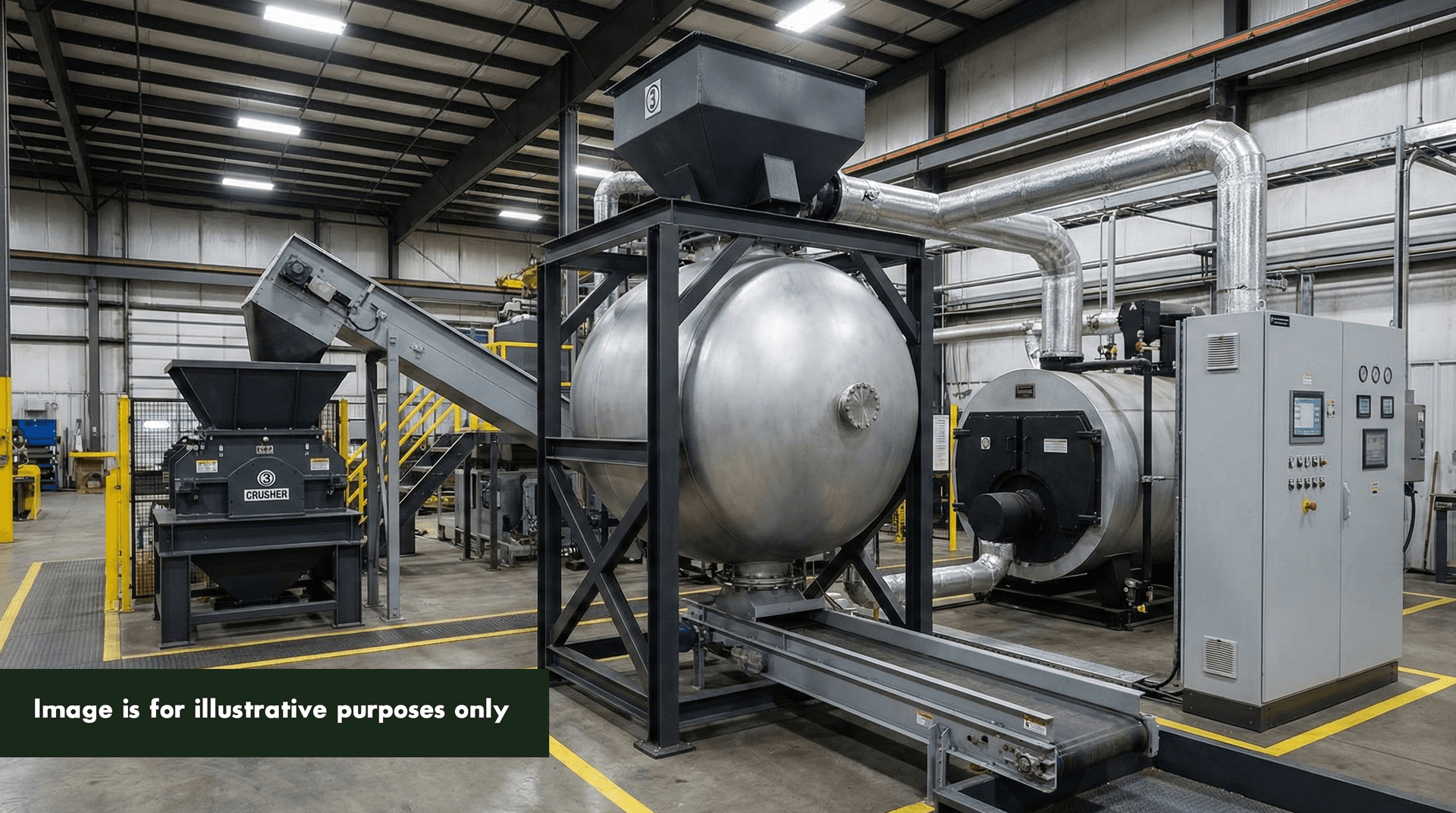 PHANTOM 3M3 subcritical water hydrolysis system — round pressure vessel on elevated frame with top-feed input hopper, crusher unit, and automated control panel