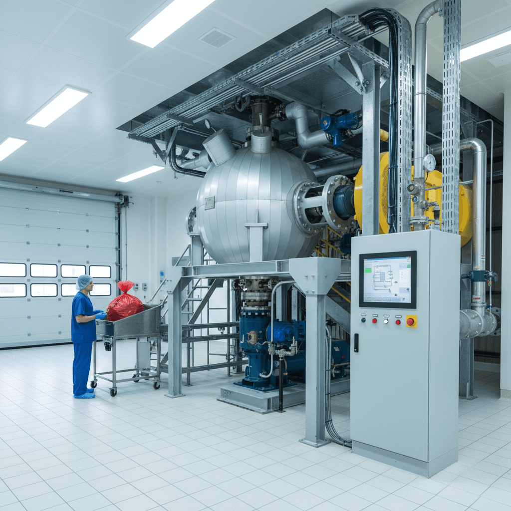 PHANTOM subcritical water hydrolysis system installed on-site at a healthcare facility — 3-tonne capacity round processing furnace