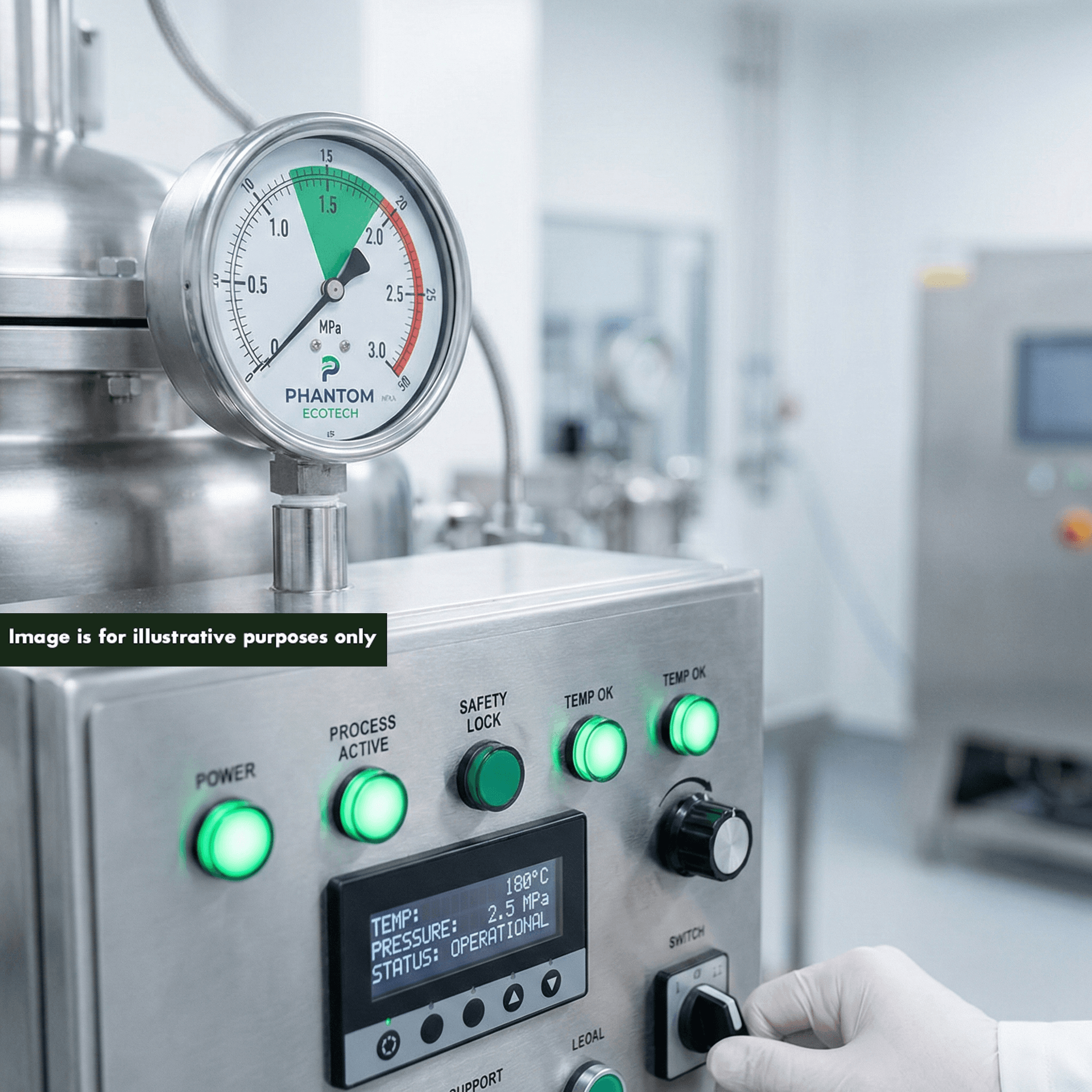 Phantom PHANTOM system control panel showing pressure and temperature monitoring for pathogen sterilization compliance