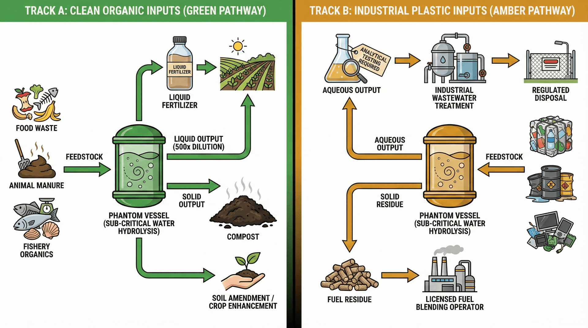 PHANTOM system dual-track process flow: Track A clean organic waste producing validated liquid fertiliser and compost for agricultural use, versus Track B industrial plastic waste requiring aqueous output analytical characterisation, regulated industrial wastewater treatment, and licensed fuel-fraction routing