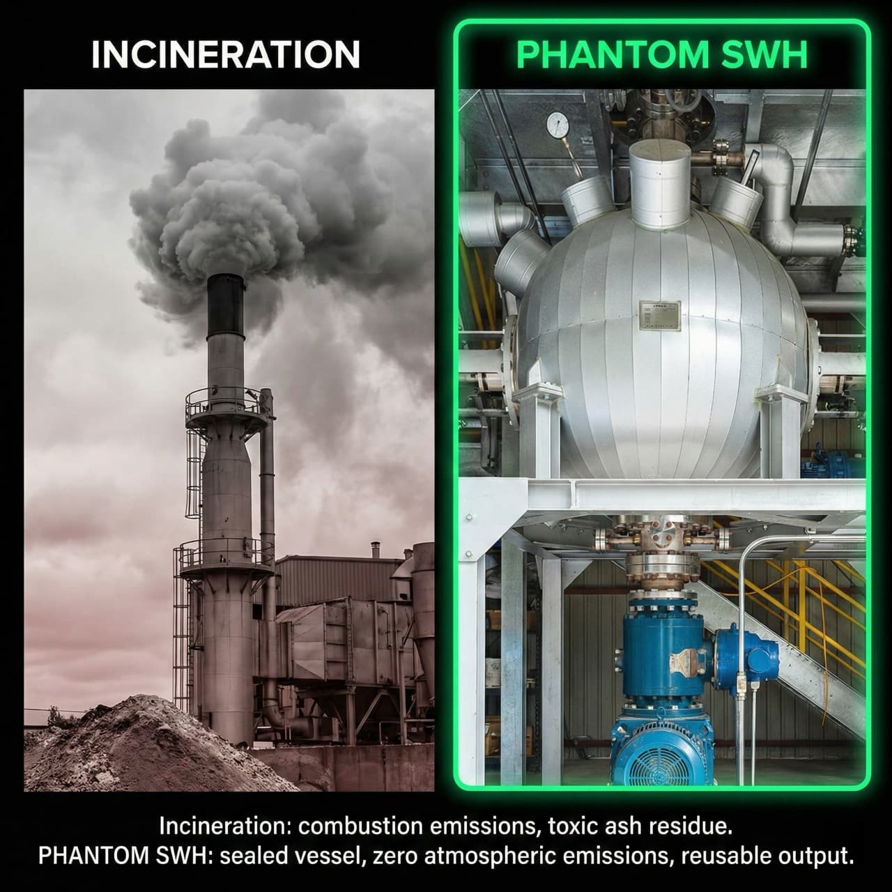 Side-by-side comparison of industrial incineration with toxic emissions versus the PHANTOM subcritical water hydrolysis sealed vessel showing zero atmospheric emissions
