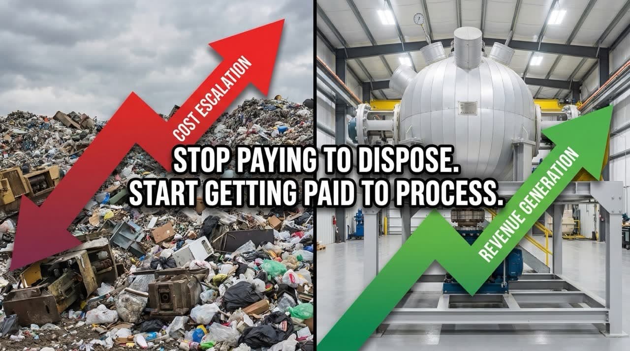 Split comparison showing industrial landfill disposal costs versus Phantom Ecotech subcritical water hydrolysis system ROI
