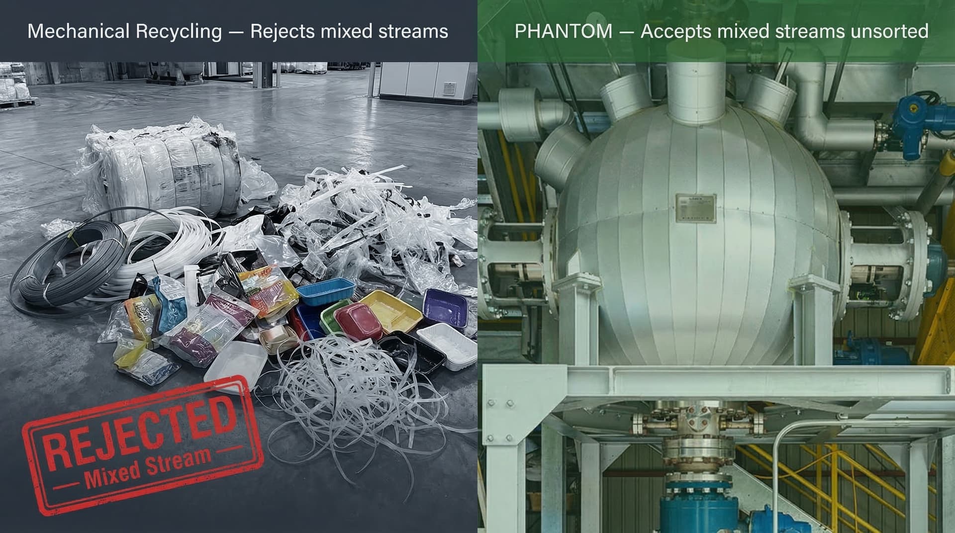 Split image comparing mixed unsorted industrial plastic waste rejected by mechanical recycling against the PHANTOM subcritical water hydrolysis pressure vessel that processes mixed streams without pre-sorting — for UK manufacturers navigating EPR packaging compliance in 2025.
