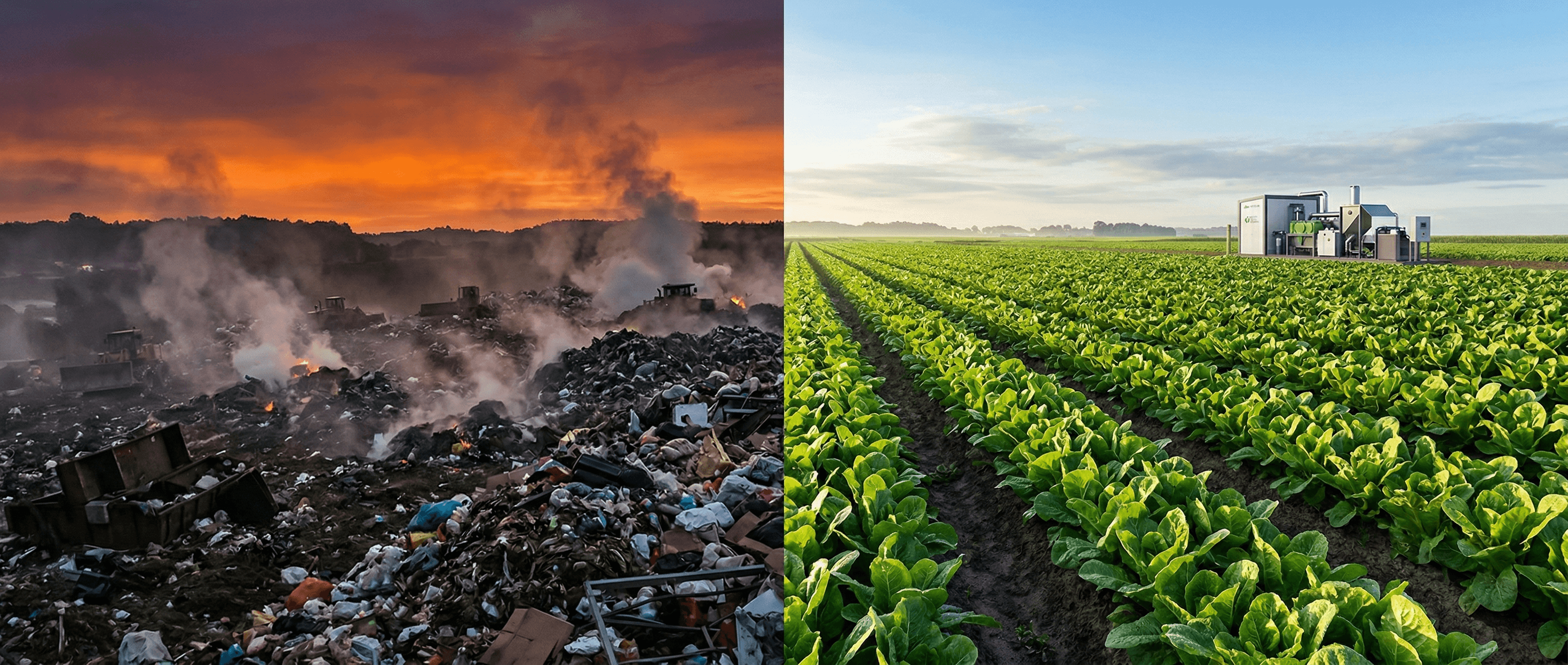 Split image contrasting a smoking industrial landfill at dusk on the left with thriving green cropland and an on-site waste treatment unit on the right — representing the shift from waste disposal to zero-emission circular resource recovery.