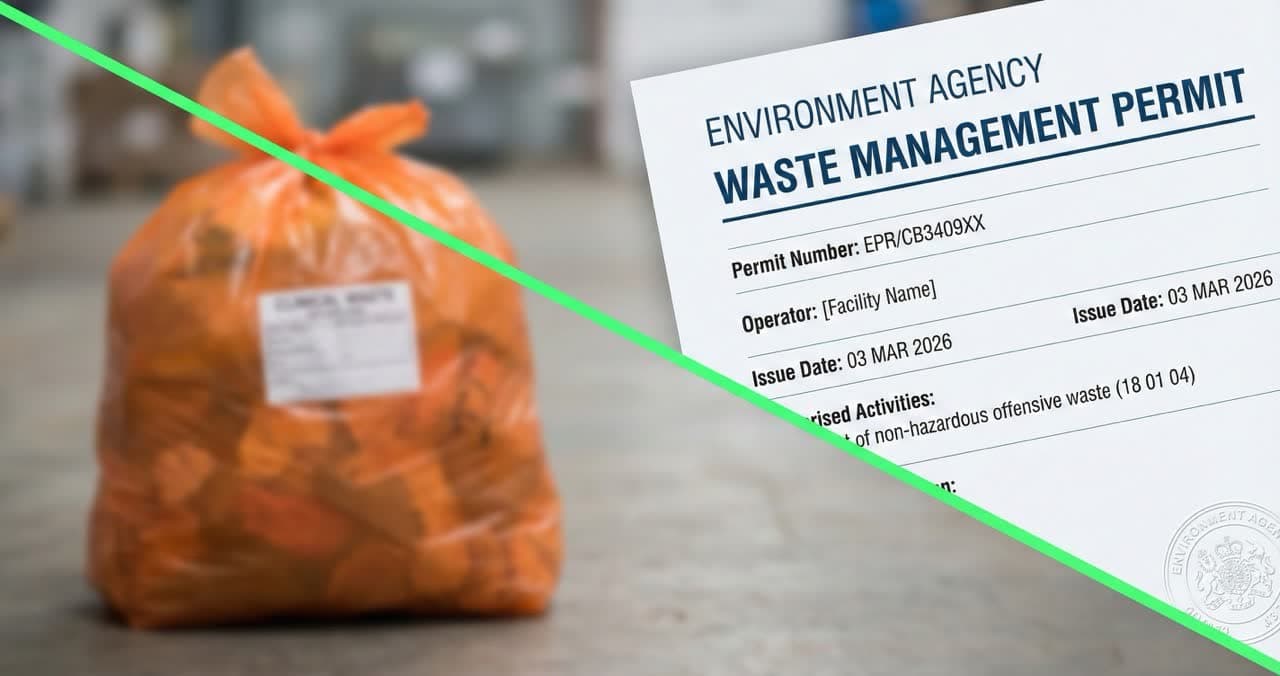 Split image showing an orange clinical waste bag in a hospital corridor beside an environmental permit document, representing the regulatory pathway to on-site medical waste treatment in the UK.