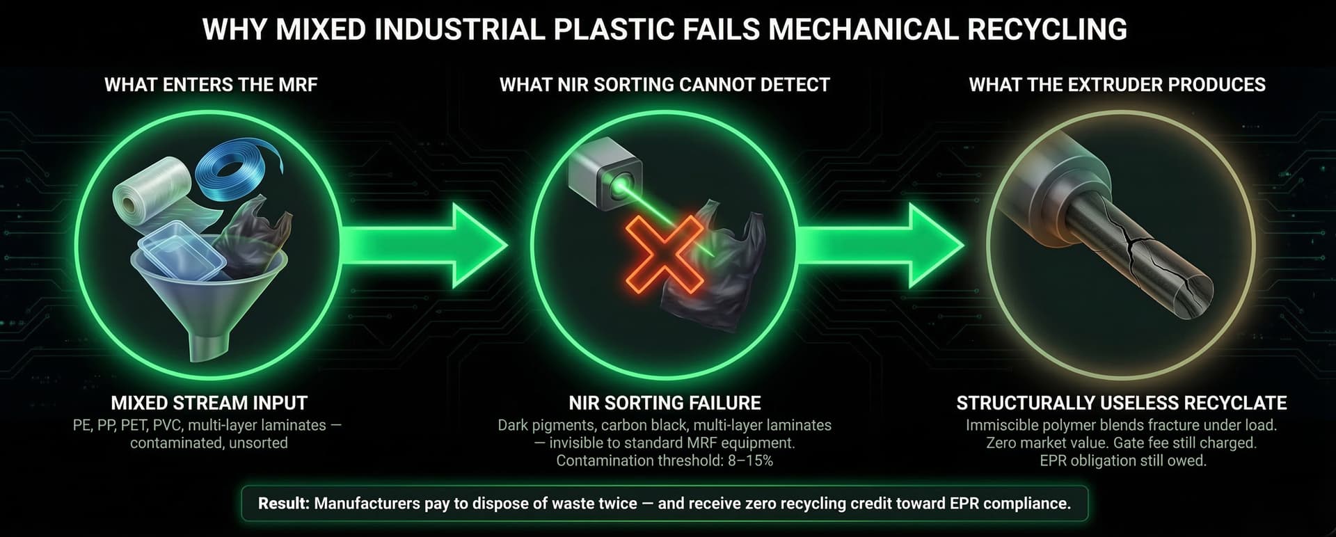Three-stage diagram showing why mixed industrial plastic waste fails mechanical recycling: mixed polymer input, NIR sorting failure for dark pigments and laminates, and phase-separated structurally useless recyclate output