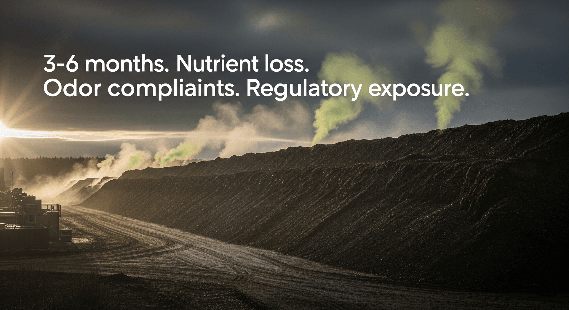 Traditional windrow composting operation showing odor generation and land use — compared to Phantom's 30-minute hydrolysis process