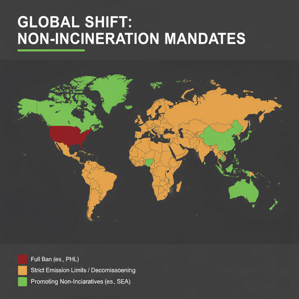 World map showing countries restricting or banning medical waste incineration — Stockholm Convention compliance zones