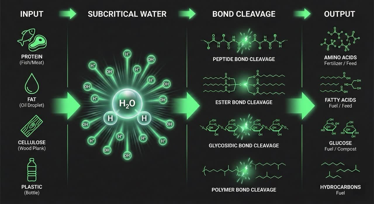 Diagram showing how subcritical water hydrolysis breaks down proteins — peptide bond cleavage by H⁺ and OH⁻ ions into free amino acids and recoverable organic outputs