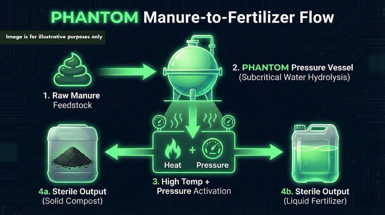 Diagram showing subcritical water hydrolysis process in Phantom PHANTOM system — converting livestock manure to organic fertilizer in 30 minutes