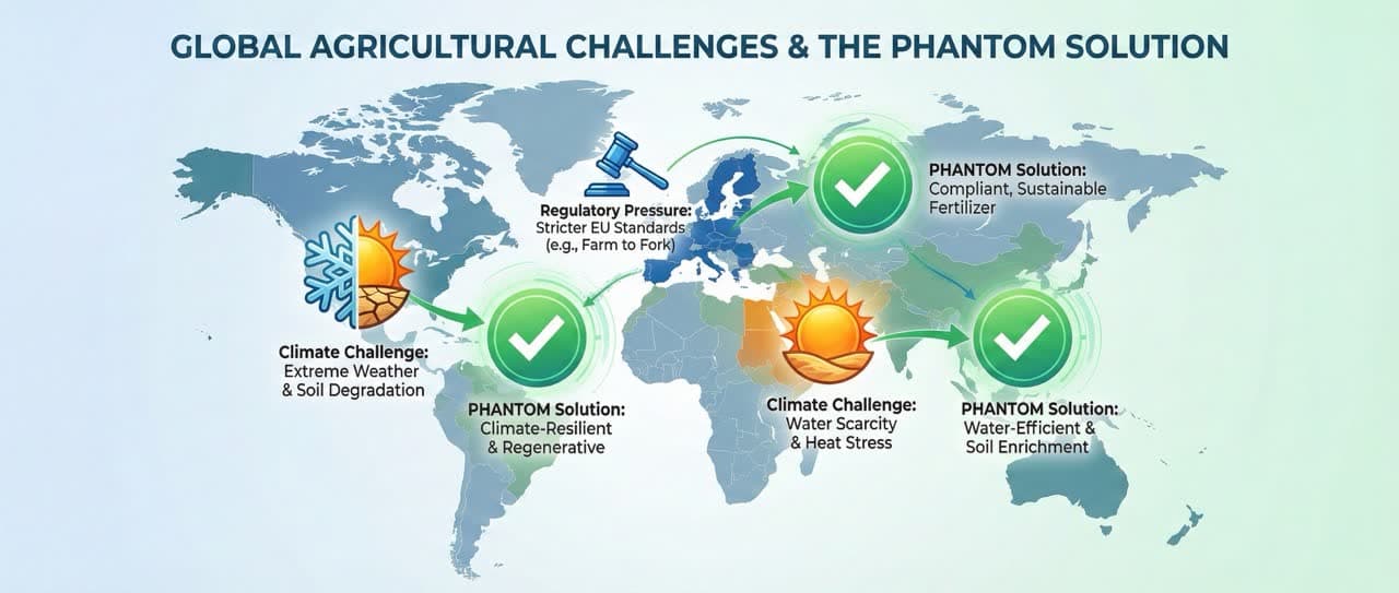 Global market map showing regulatory and climate drivers for adopting Phantom manure processing technology in the EU, North America, and Middle East
