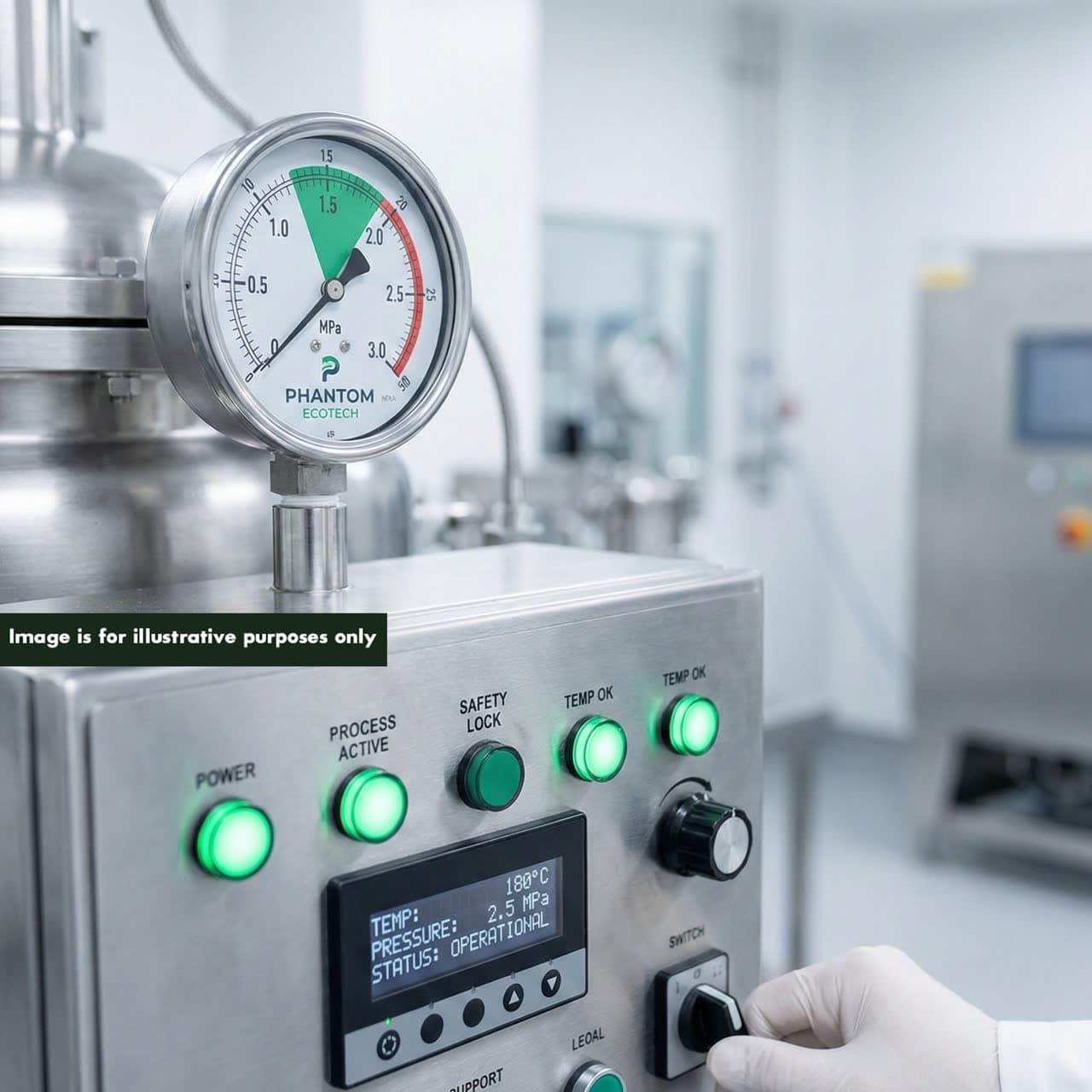 Phantom PHANTOM system control panel showing pressure and temperature monitoring for pathogen sterilization compliance