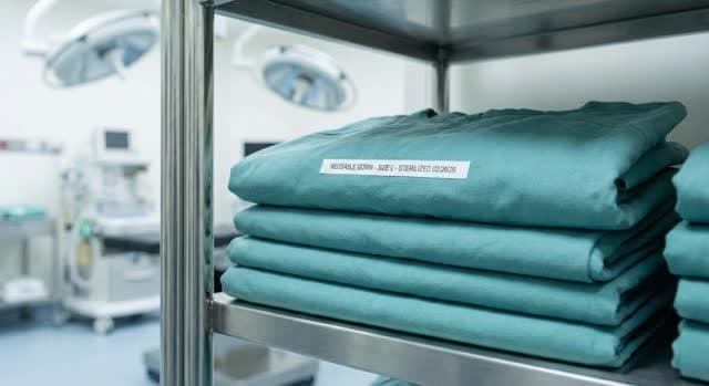 Reusable surgical gowns prepared for operating theatre use — industrial laundering to EN 14065 standard