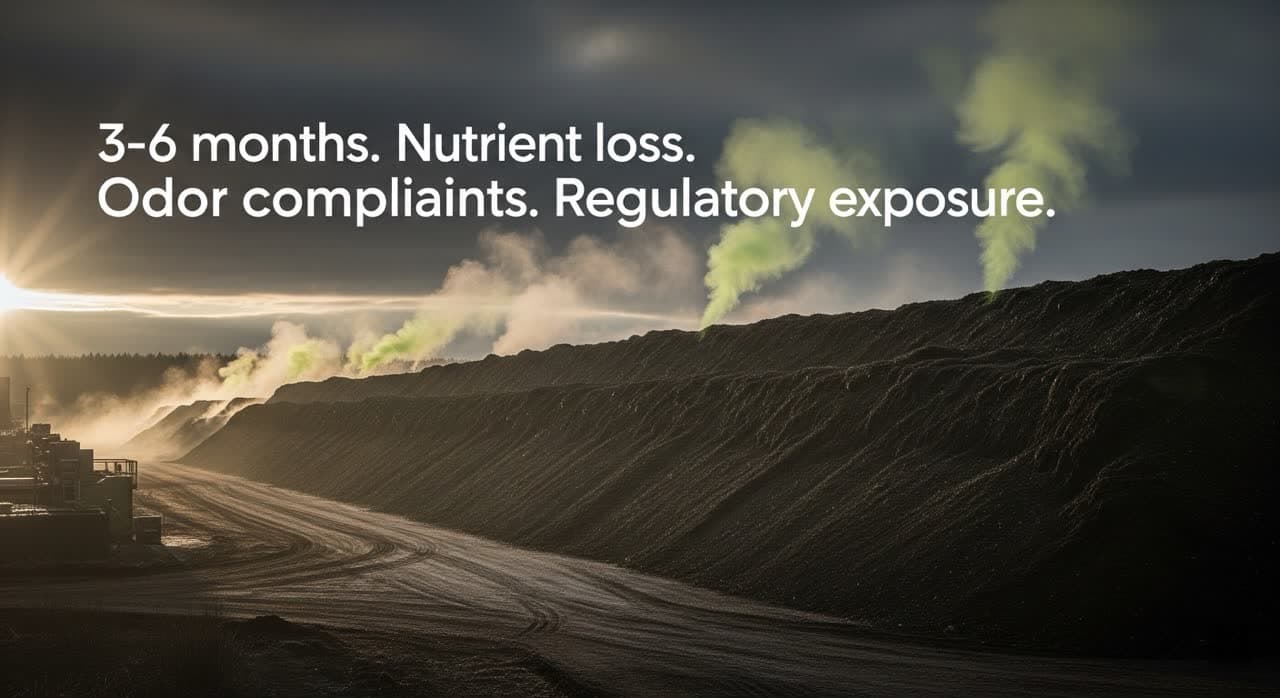 Traditional windrow composting operation showing odor generation and land use — compared to Phantom's 30-minute hydrolysis process