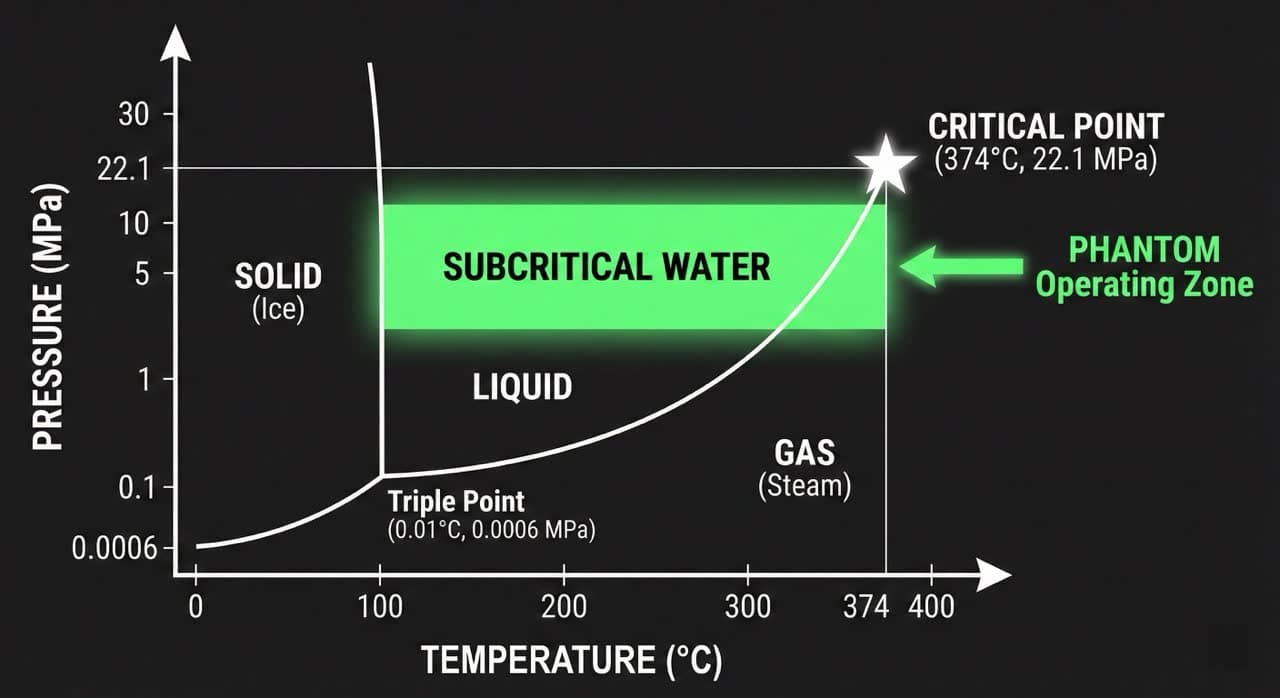 Water phase diagram showing the subcritical water operating window — the 100–374°C, up to 22.1 MPa zone where liquid water undergoes radical changes in dielectric constant and ionic product