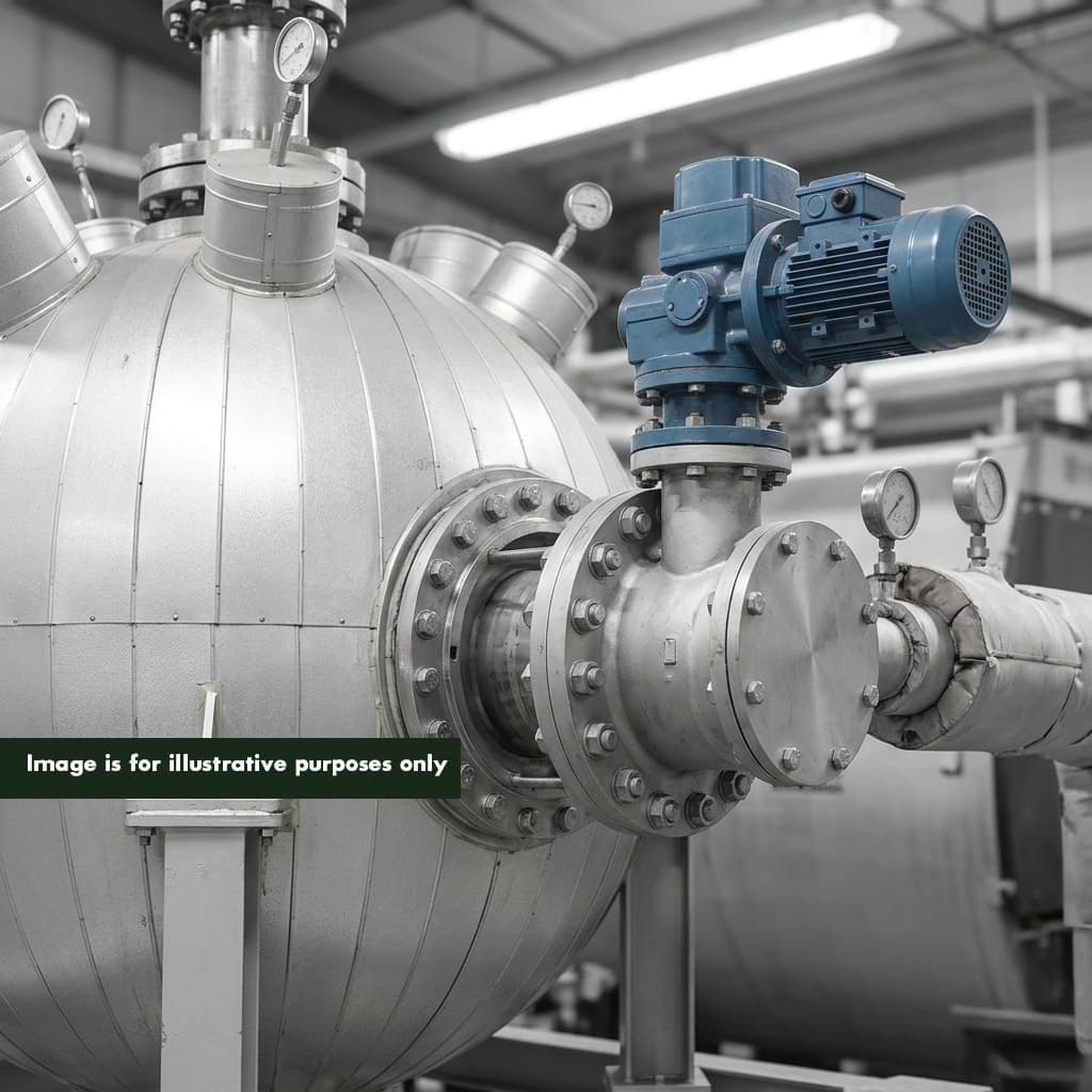 PHANTOM 3M3 pressure vessel close-up showing heavy-duty flanged inlet port, sealed lid assembly, and bolted access panels on the round stainless vessel body — subcritical hydrothermal processing chamber rated for clean organic and non-chlorinated plastic input streams