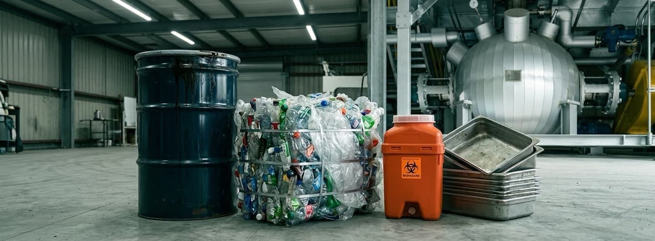 Wide-angle interior of an industrial waste processing facility showing mixed input streams — organic sludge drum, PET plastic bale, biohazard container, and fish processing trays — with the Phantom hydrolysis pressure vessel visible in the background