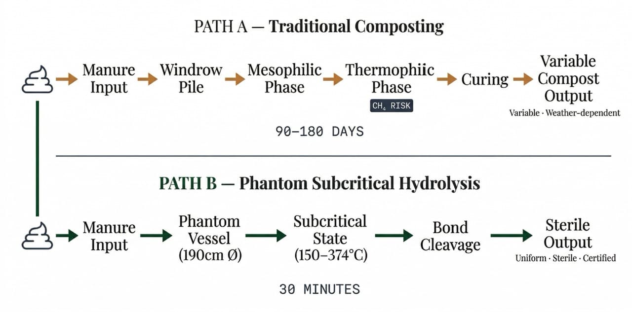 Two-path process flow diagram comparing traditional aerobic composting (90–180 days, variable output, methane risk) versus Phantom subcritical water hydrolysis (30 minutes, sterile uniform output) for processing livestock manure