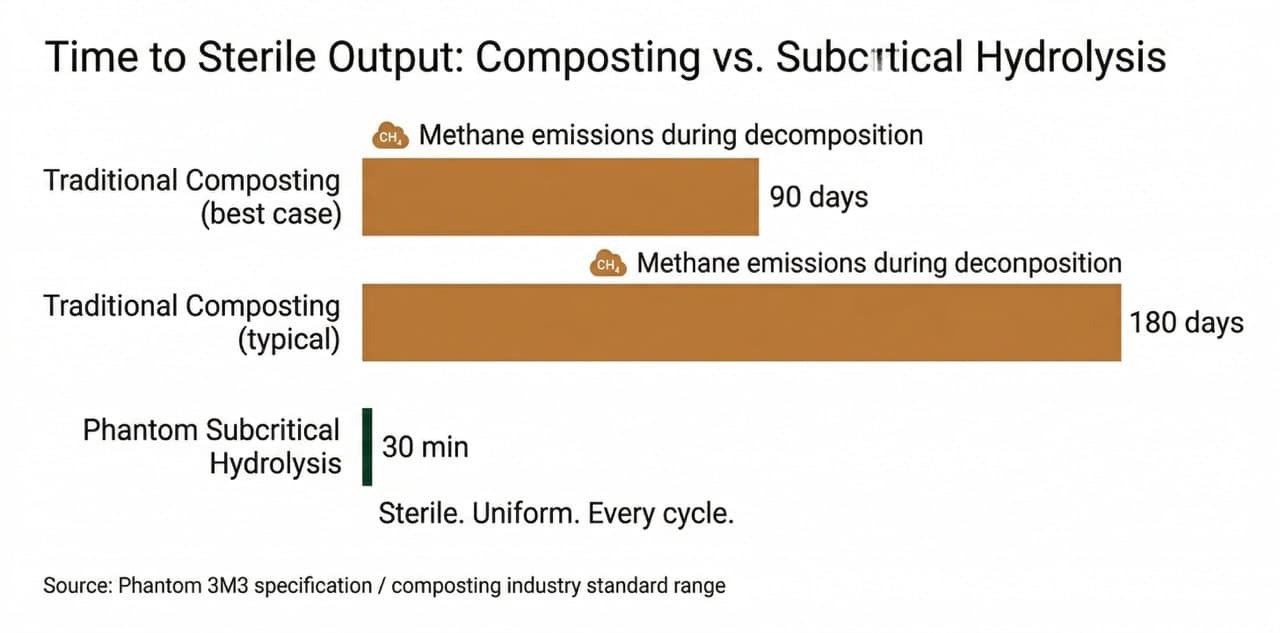 Horizontal bar chart comparing time to sterile output: traditional composting requires 90–180 days with methane emission risk, versus Phantom subcritical water hydrolysis completing in 30 minutes with sterile uniform output every cycle