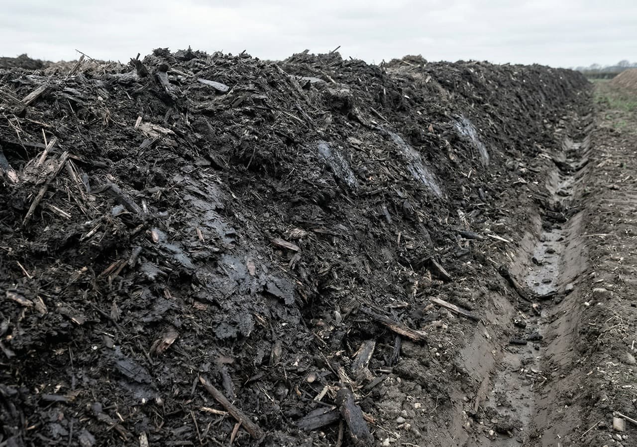 Eye-level view along a UK compost windrow showing dark decomposing organic material, irregular surface texture, and exposed soil drainage channels — representing the physical footprint and environmental exposure of traditional livestock manure composting