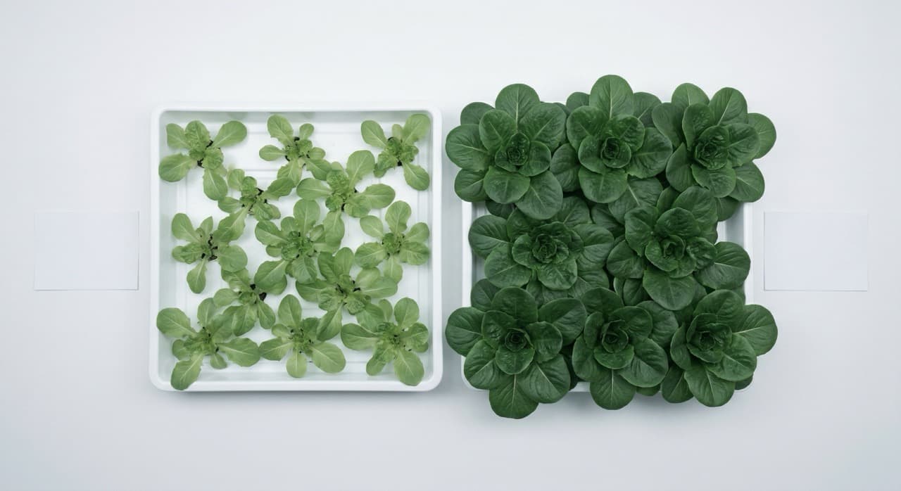 Overhead flat-lay of lettuce crop trial results comparing growth in subcritical seawater hydrolysate irrigation versus plain seawater controls — visualising the protein, chlorophyll, and fresh weight improvements demonstrated in the MDPI Plants 2025 trial.