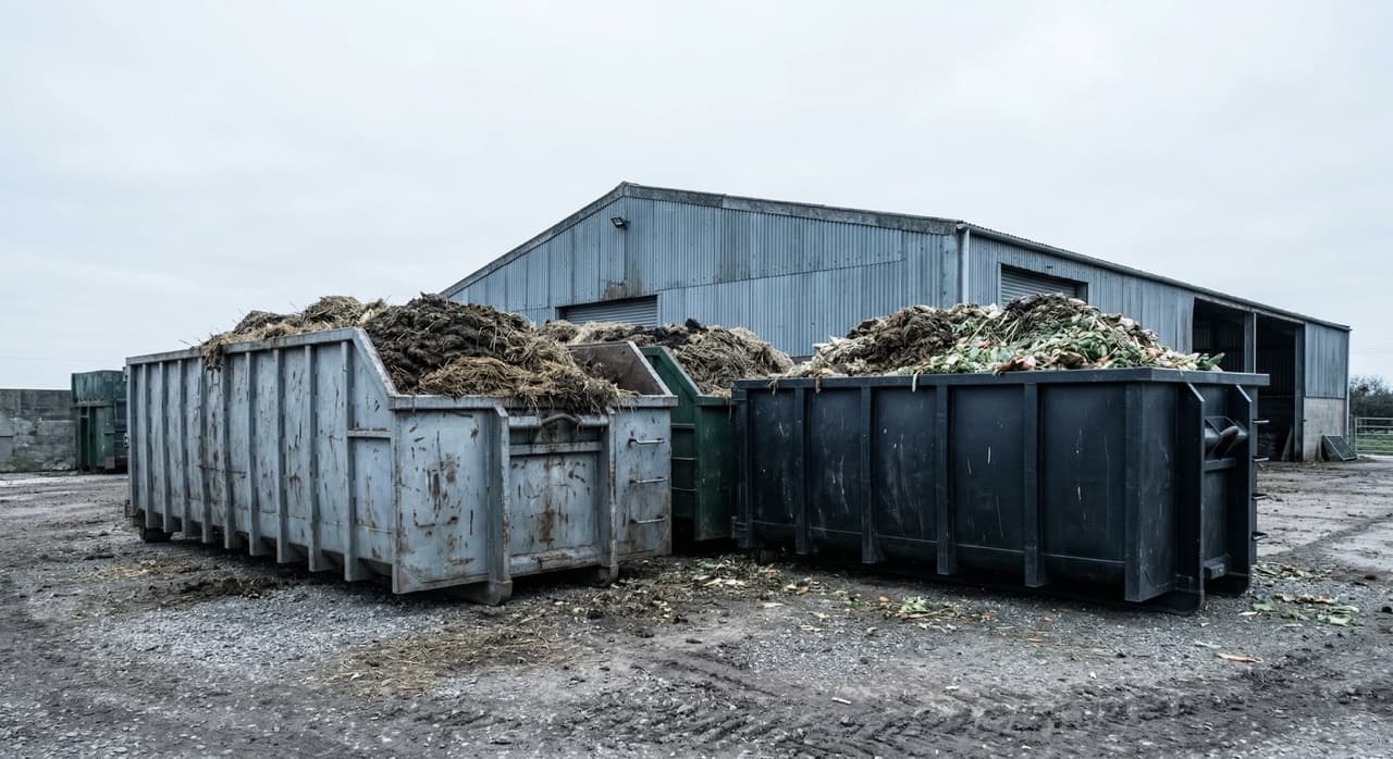 Aerial view of a medium-scale UK farm processing facility with organic waste storage and adjacent agricultural land — illustrating the scale of organic waste generation and the proximity of land where sea water fertilizer output can be applied.