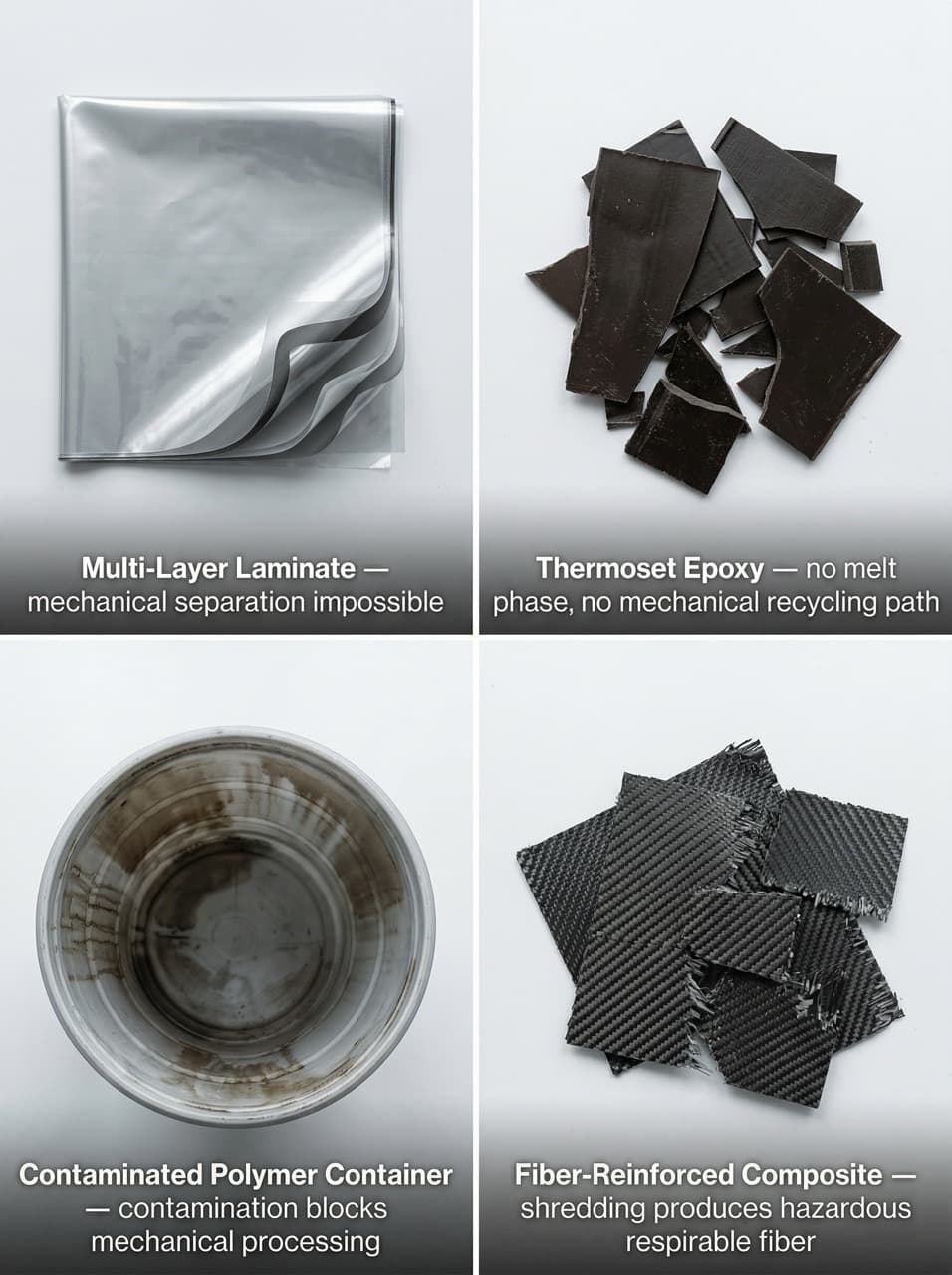 Four categories of difficult-to-recycle industrial plastics: multi-layer laminates, thermoset epoxy offcuts, contaminated polymer containers, and carbon fiber reinforced composites — all defeat conventional mechanical recycling methods