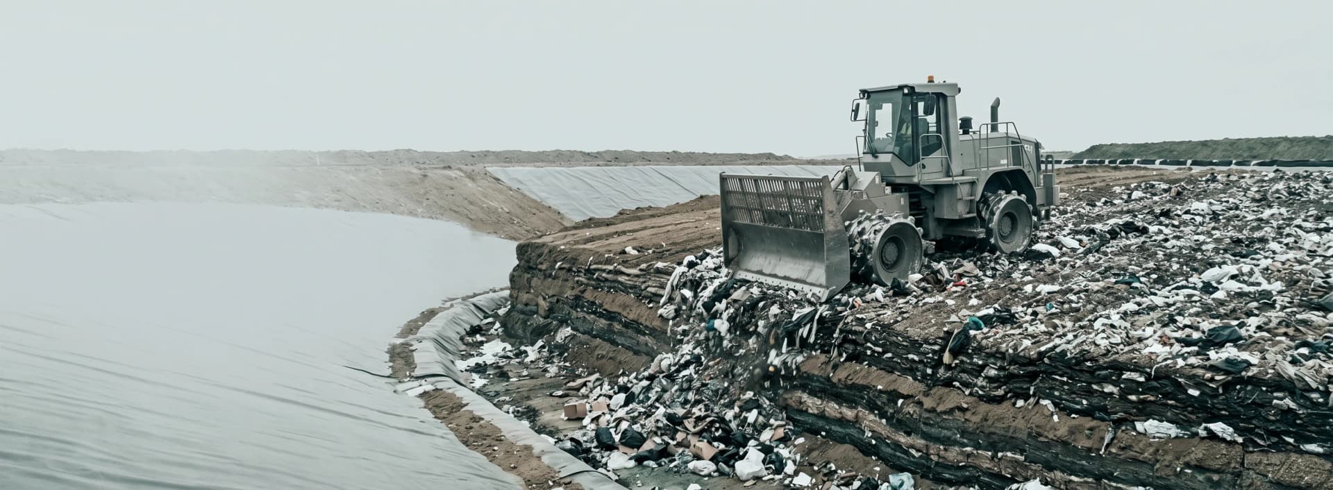Close-up of a landfill working face with a compactor and layered waste cell — the disposal route whose escalating tax, carbon cost, and producer-responsibility liability is pushing the global industrial waste treatment market toward resource recovery.