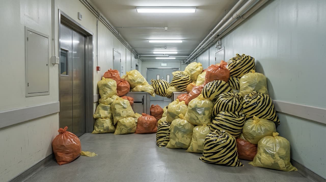 Clinical waste bags stacked in hospital corridor — scale of single-use plastic waste generation in healthcare settings