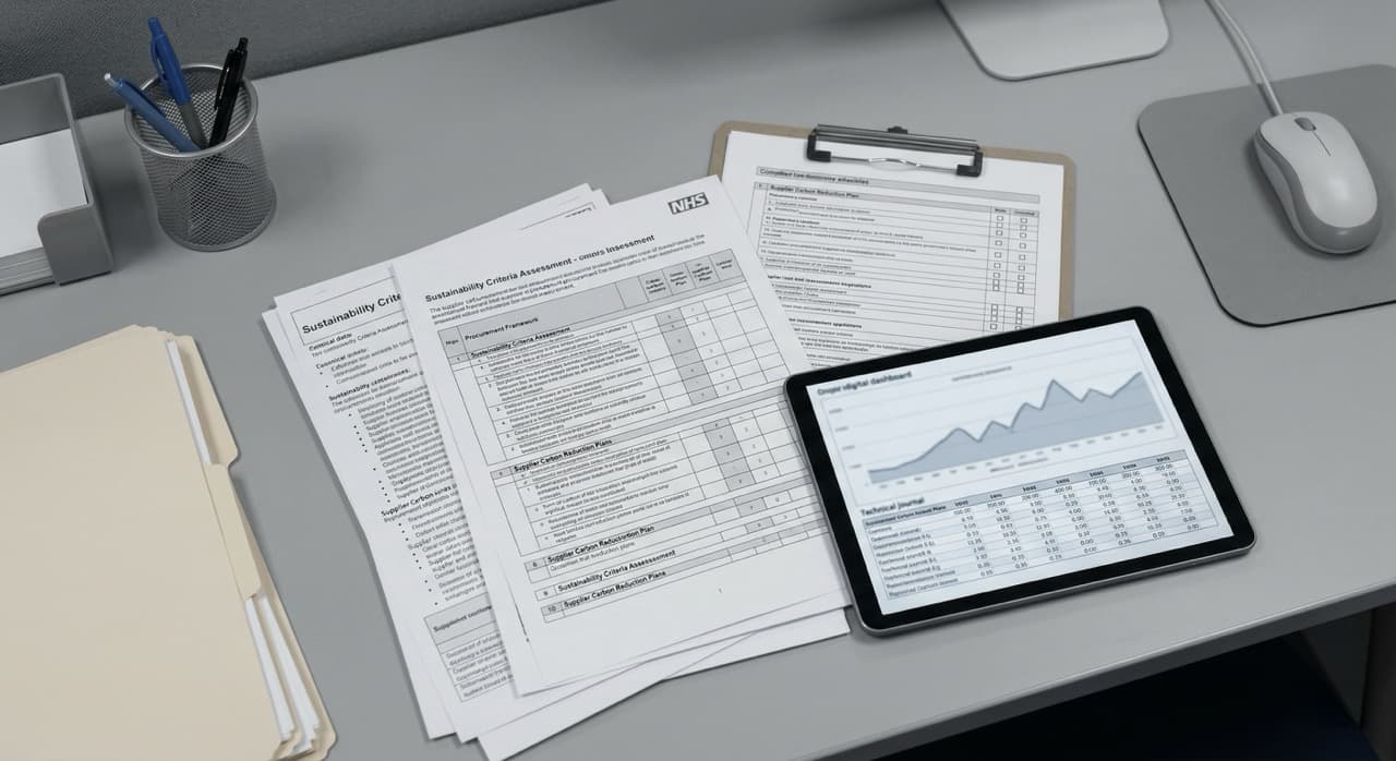 Clinical procurement desk with sustainability criteria documents and supplier assessment forms — NHS Net Zero Supplier Roadmap and green procurement frameworks for hospital supply chain decarbonisation