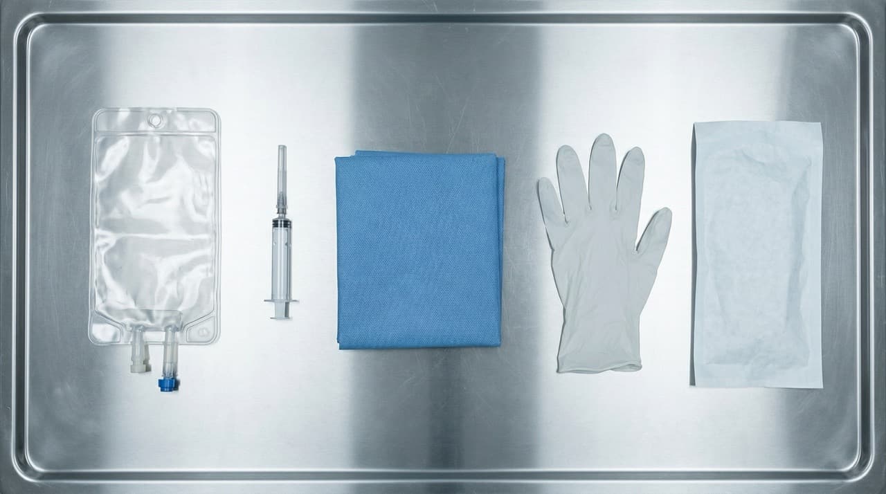 Overhead flat-lay of single-use medical plastic items — IV bag, syringe, surgical wrap, nitrile glove, and instrument pouch — the primary waste streams in hospital operating theatres