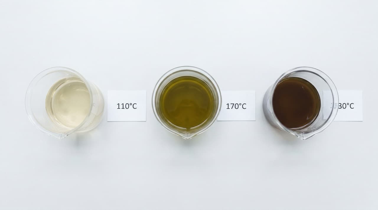 Overhead flat-lay of glass sample vials containing liquid hydrolysate at different nutrient concentrations alongside organic feedstock samples — illustrating the NPK extraction achieved at different temperature windows in the subcritical water hydrolysis process.