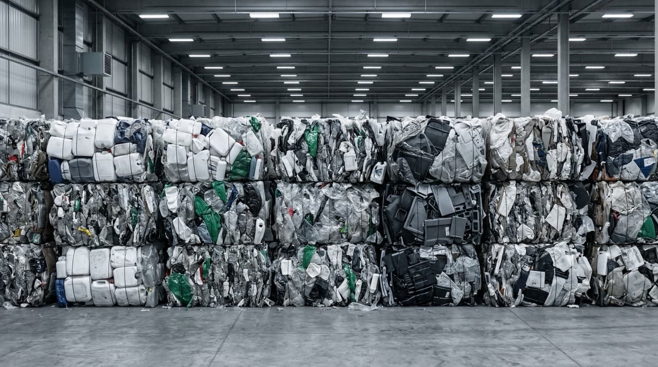 Industrial mixed plastic waste bales on factory floor showing thermoset offcuts, HDPE containers, and polymer composites that defeat conventional mechanical recycling