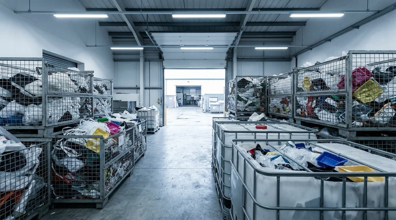Interior of a UK industrial manufacturing facility waste bay showing mixed plastic waste — PE stretch wrap, PP strapping, PET trays, and multi-layer film — overflowing from wire-cage stillages, representing the mixed industrial plastic streams that fail mechanical recycling contamination standards