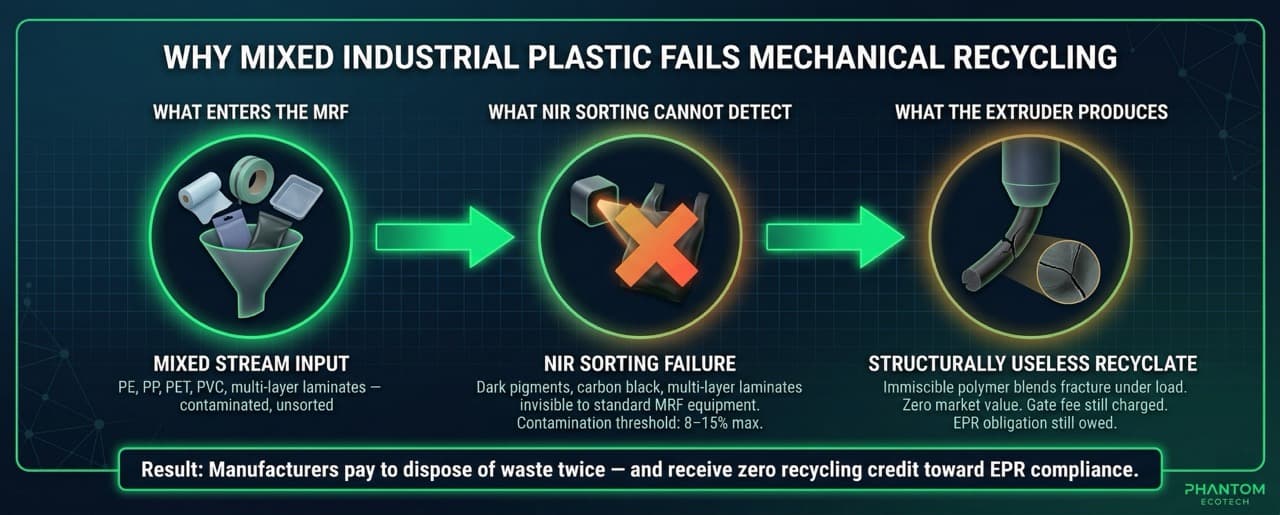 Three-stage infographic showing why mixed industrial plastic fails mechanical recycling: mixed stream input fails NIR sorting detection for dark pigments and laminates, producing structurally useless phase-separated recyclate — with gate fees still charged and EPR obligations still owed.