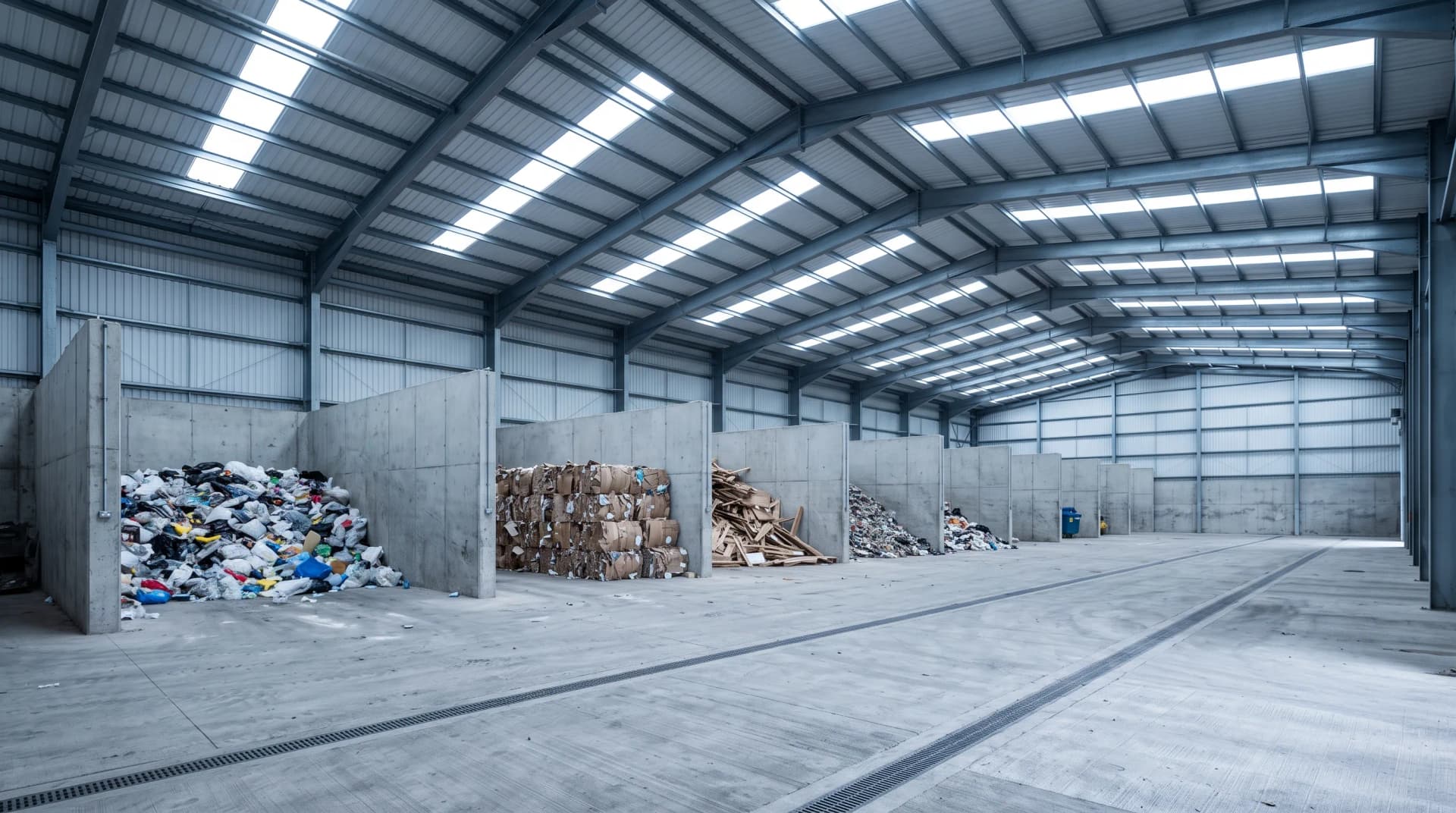 Interior of an industrial waste transfer station with sorted bays of mixed commercial and industrial waste under overhead steel roofing — the physical scale of the global industrial waste treatment market that is shifting from landfill and incineration toward resource recovery.
