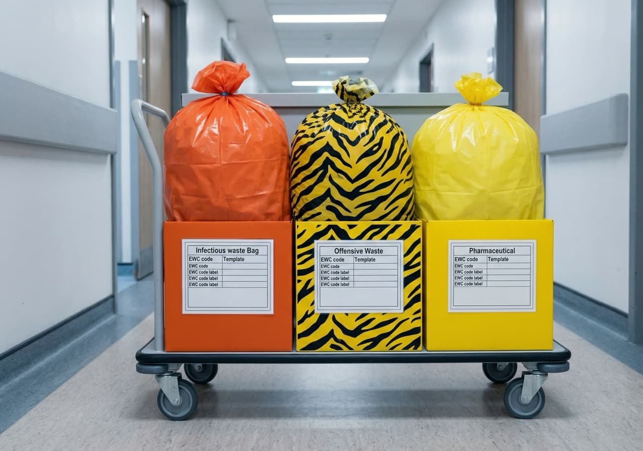 Three segregated clinical waste bags — orange infectious, tiger-stripe offensive, and yellow pharmaceutical — in a hospital corridor showing the HTM 07-01 classification system that determines on-site treatment eligibility.