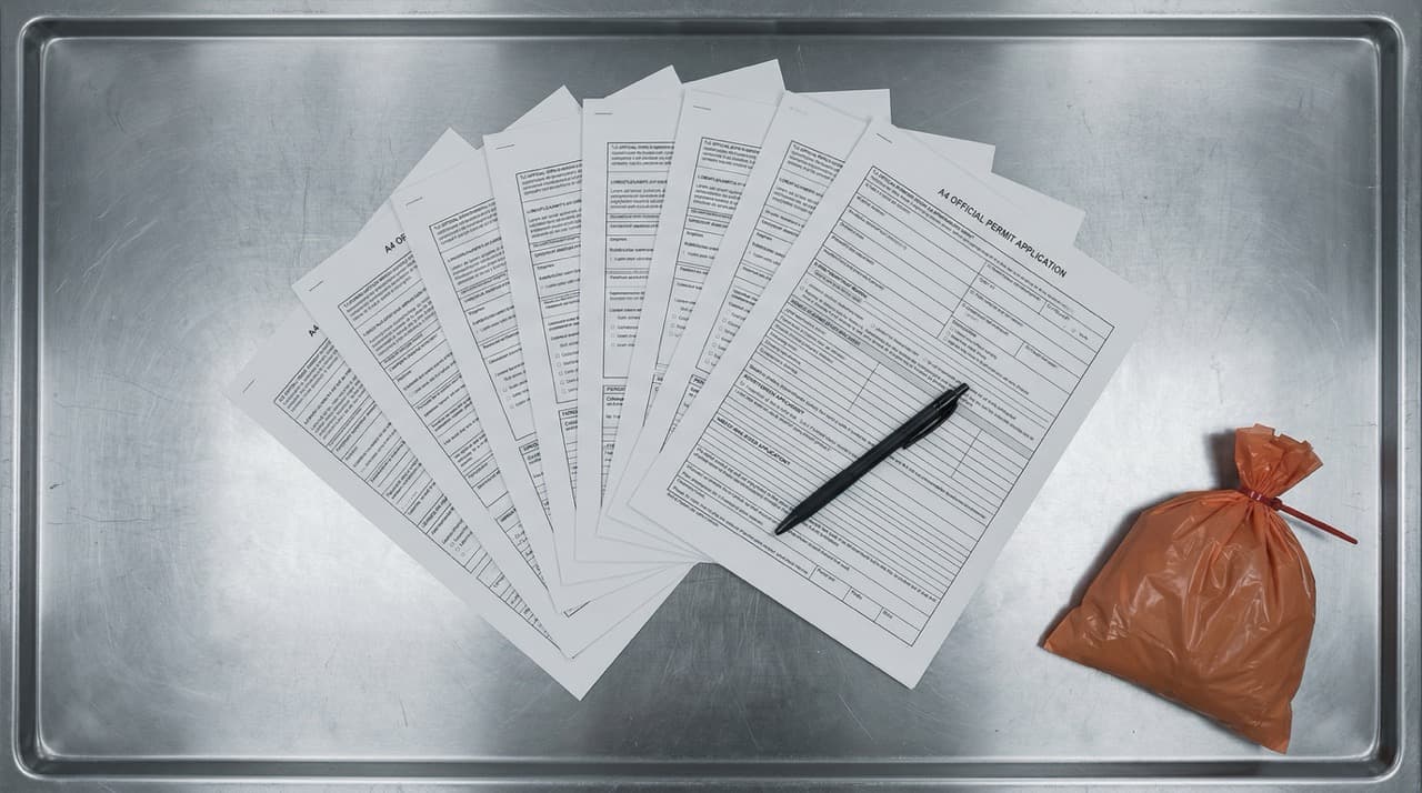 EA environmental permit application documents and orange clinical waste bag on stainless steel — the two physical objects a UK healthcare operator must manage to achieve compliant on-site medical waste treatment.