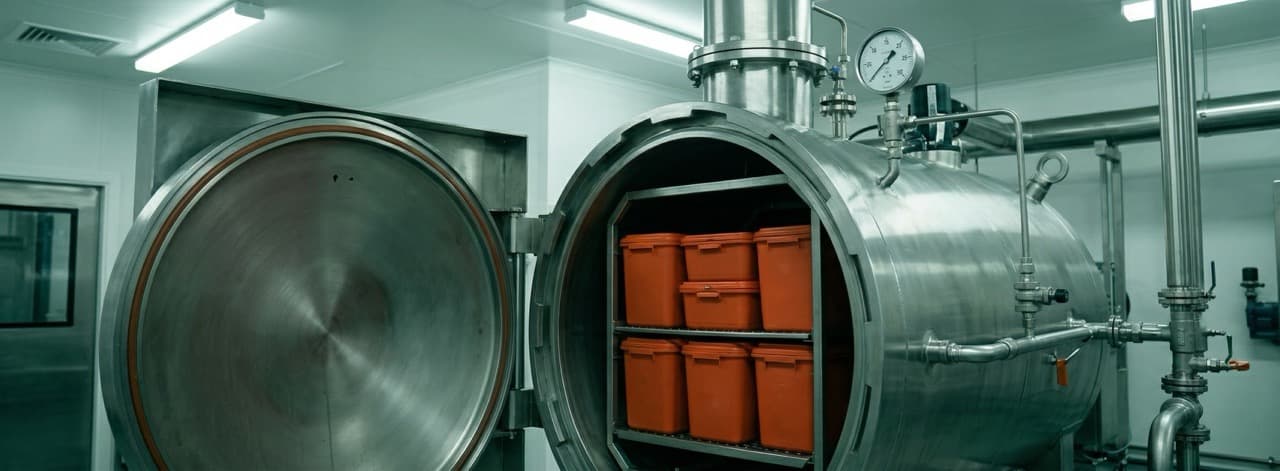 Industrial autoclave validation test in progress — sealed clinical waste containers inside a treatment chamber representing the worst-case challenge load required for IStAATT Level III microbial kill-rate testing.