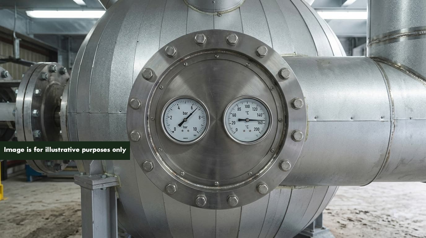 PHANTOM subcritical water hydrolysis machine control panel and stainless steel pressure vessel at a UK facility — illustrating the compact footprint and electrical-only utility requirements of the on-site waste treatment system.